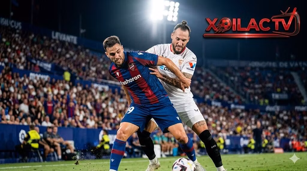 Cầu thủ Carlos Espí của Levante tranh chấp bóng quyết liệt với Nemanja Gudelj của Sevilla trong trận chiến trụ hạng vòng 33 La Liga.